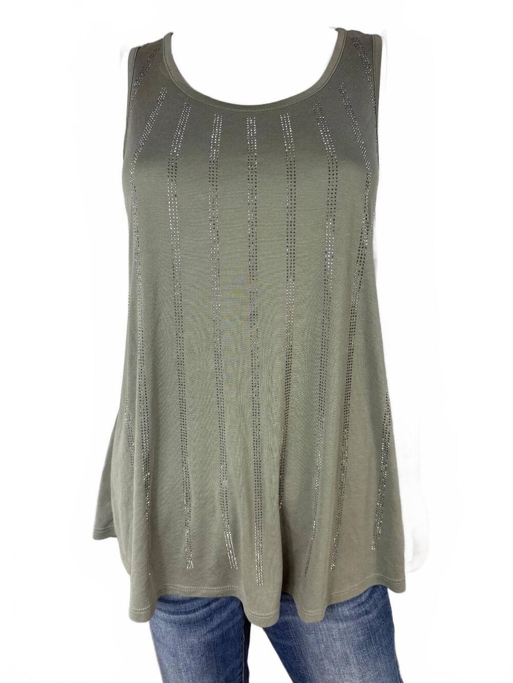 Vocal Women's Olive Green Modal Blend Tank Top with Silver Studded Stripes, Size